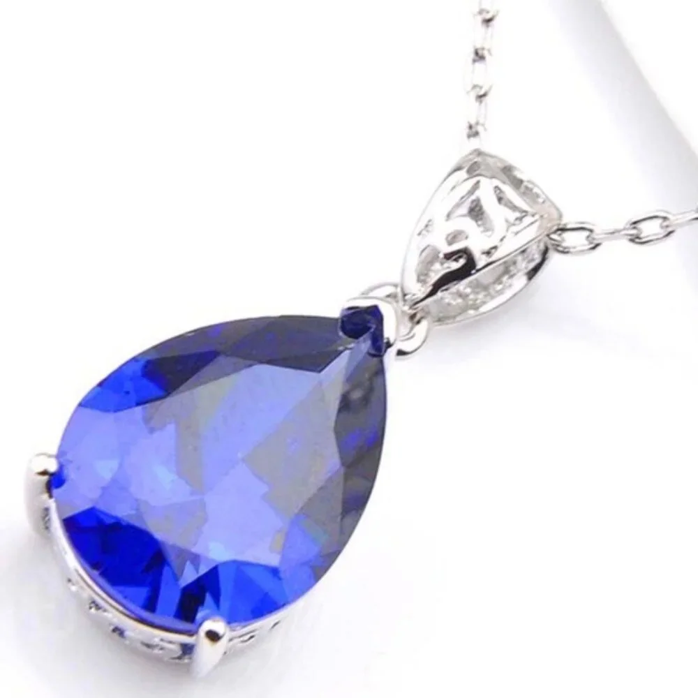 Blue Topaz Teardrop Pendant Necklace 925 Sterling Silver Plated
